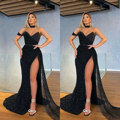 Schwarzes, herzförmiges Ballkleid im Meerjungfrau-Stil mit Pailletten
