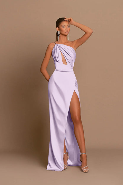Errötendes Rosa-Mauve-Abschlussballkleid, einschultriges Spaghettiträger, ärmellos mit Schlitz