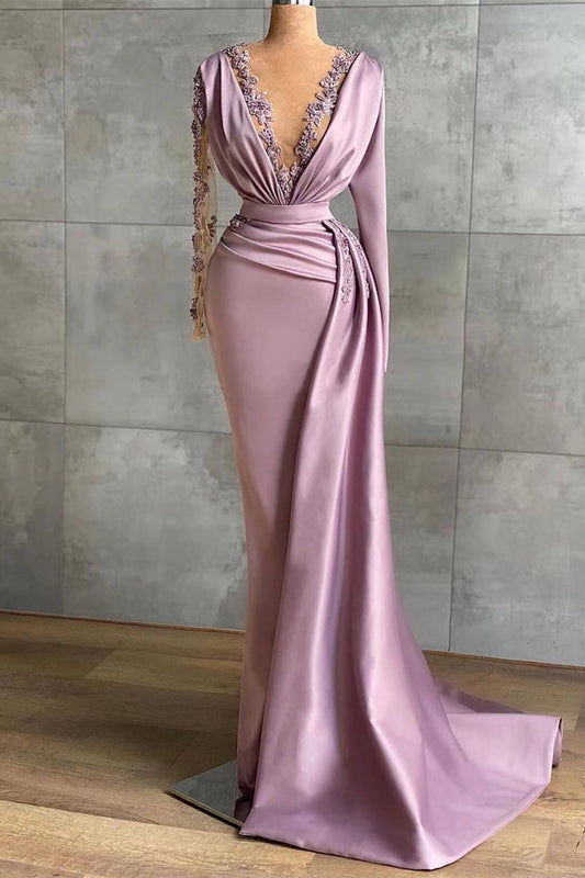 Lange Ärmel, Lavendel, V-Ausschnitt, Rüschen, Abendkleid, Meerjungfrau-Applikation