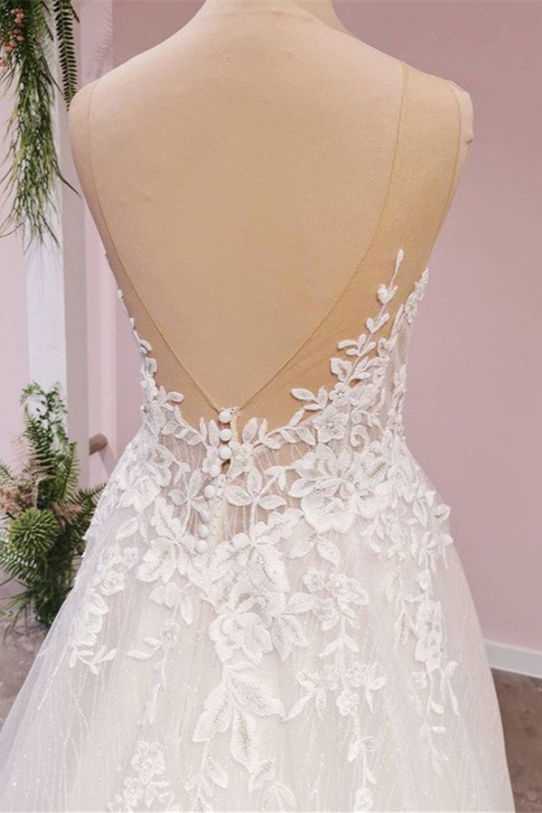 A-Linien-Brautkleid mit Applikationen, Spitze, Tüll, rückenfrei, bodenlang, Schatz