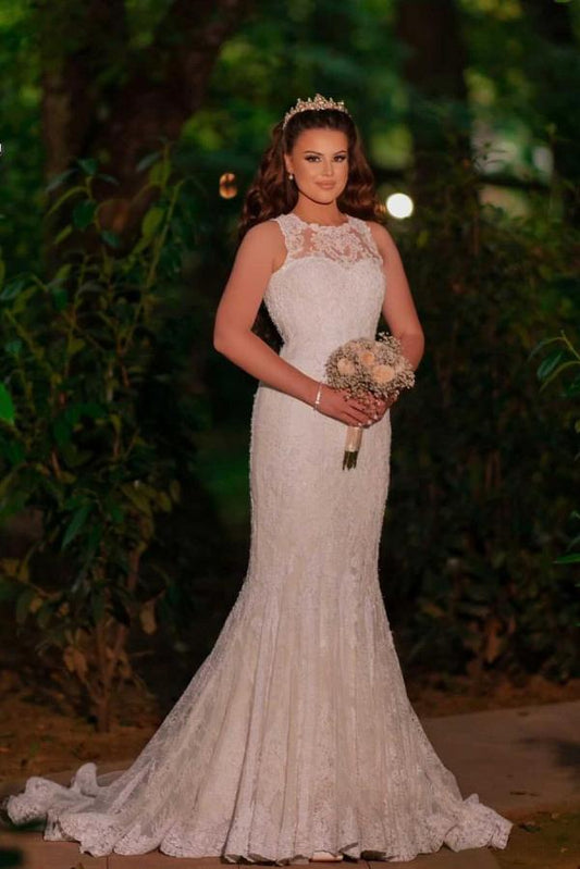 Langes Meerjungfrauen-Brautkleid mit Tüll und Spitze