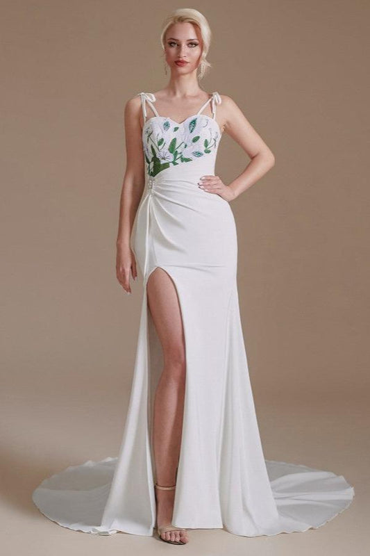 Wunderschönes, langes Meerjungfrau-Brautkleid aus Satin mit Spaghettiträgern und offenem Rücken und Schlitz