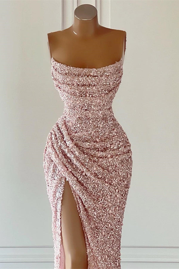 Staubrosa, quadratisches, ärmelloses, langes, geschlitztes Meerjungfrau-Abschlussballkleid mit Pailletten