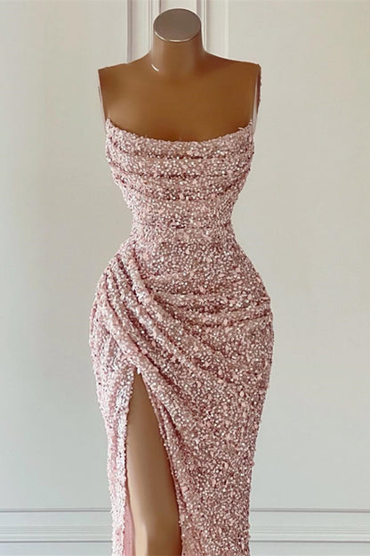 Staubrosa, quadratisches, ärmelloses, langes, geschlitztes Meerjungfrau-Abschlussballkleid mit Pailletten