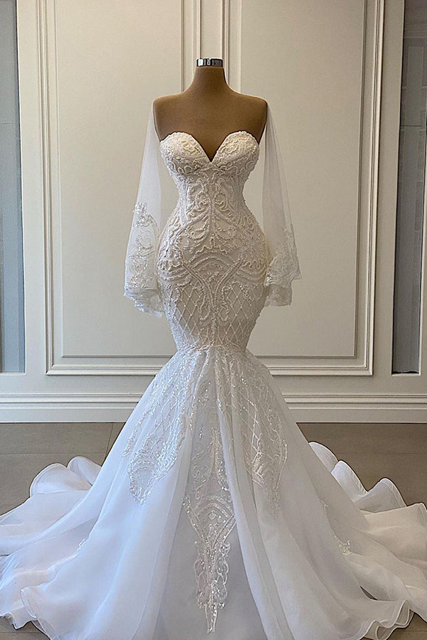 Schatz-trägerloses Spitzen-Meerjungfrau-Brautkleid mit Perlenbesatz