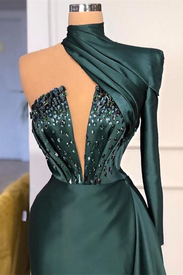 Dunkelgrünes, einschultriges, langes Ballkleid mit Pailletten