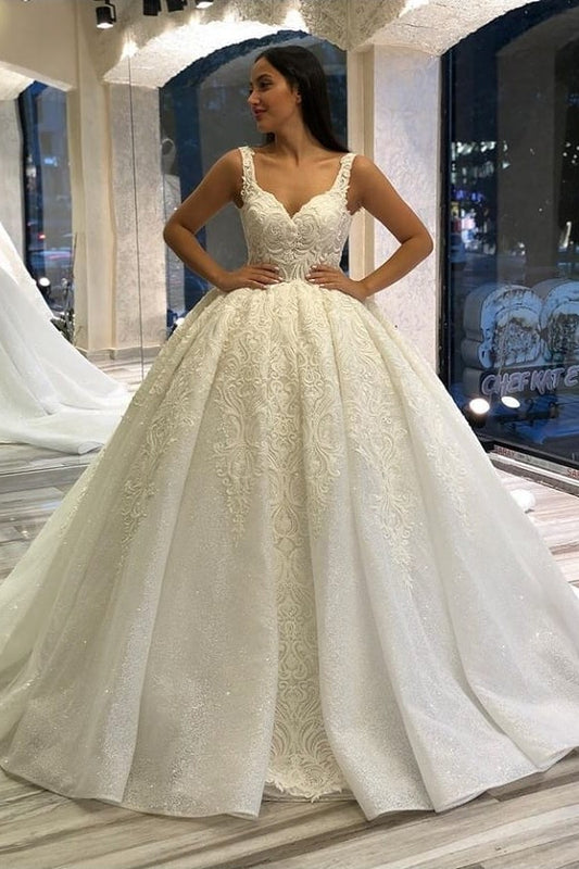 Ballkleid-Brautkleid mit herzförmigem Spaghettiträger, applizierter Spitze und Pailletten
