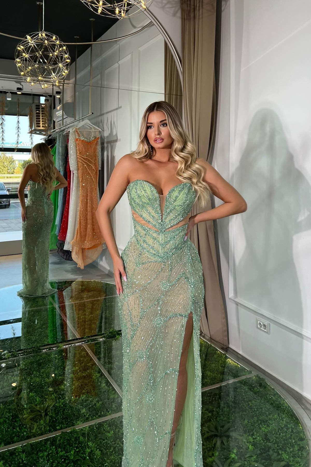 Abendkleider Mint Lang Ballkleid mit Glitzer
