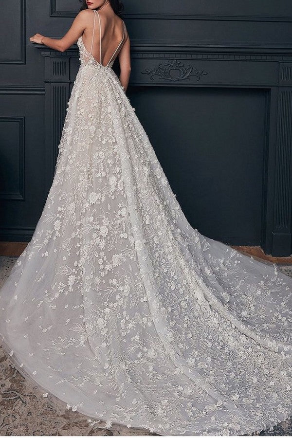 Transparente Träger, langes Brautkleid in A-Linie mit 3D-Blumenmuster