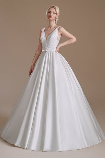 Langes Satin-Brautkleid in A-Linie mit V-Ausschnitt und Spitzenapplikationen