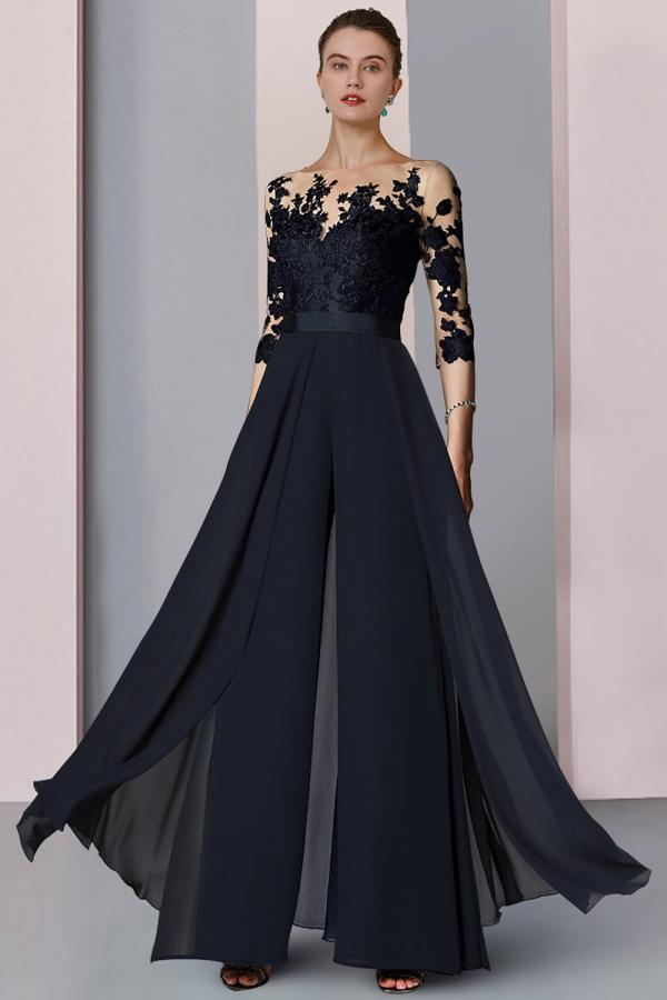 Festliche Hosenanzüge Lang | Chiffon Brautmutterkleider mit Ärmel