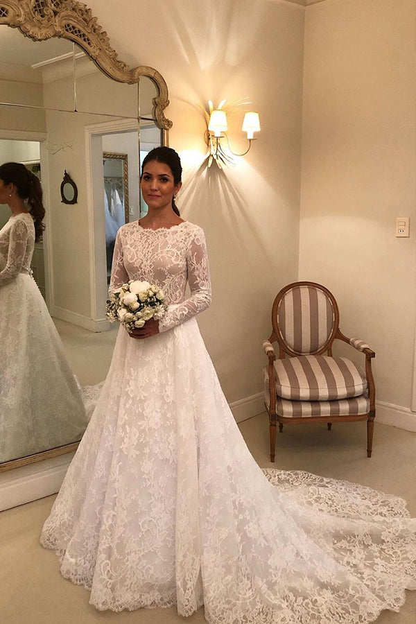 Schlichtes Brautkleid mit langen Ärmeln, A-Linie und Spitzenapplikationen