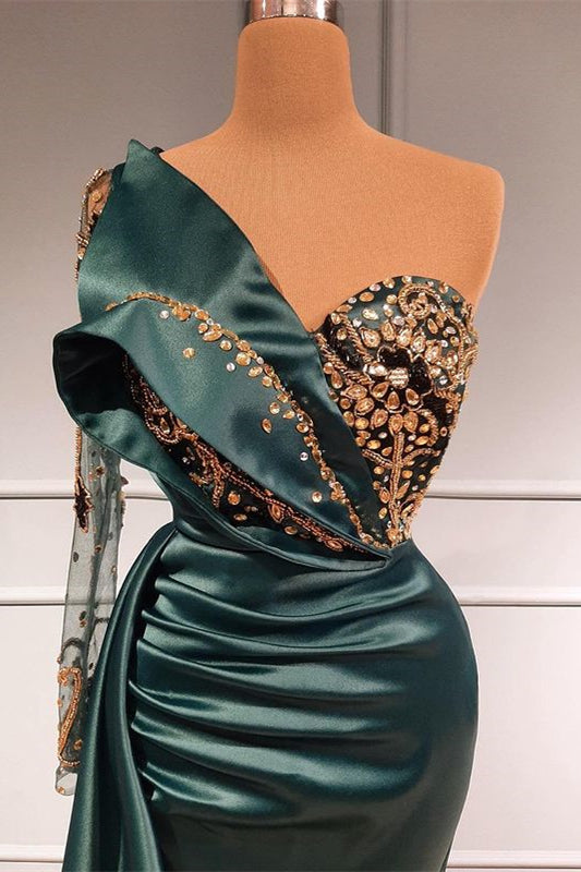Dunkelgrünes Meerjungfrau-Abendkleid mit langen Spitzenärmeln und Applikationen