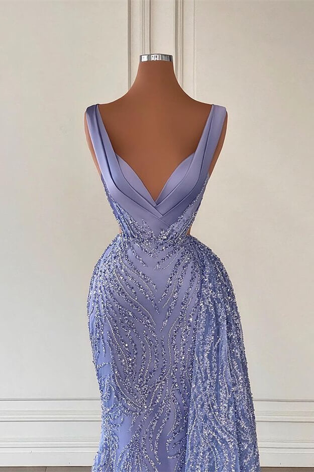 Wunderschönes violettes Ballkleid im Meerjungfrau-Stil mit V-Ausschnitt und Pailletten