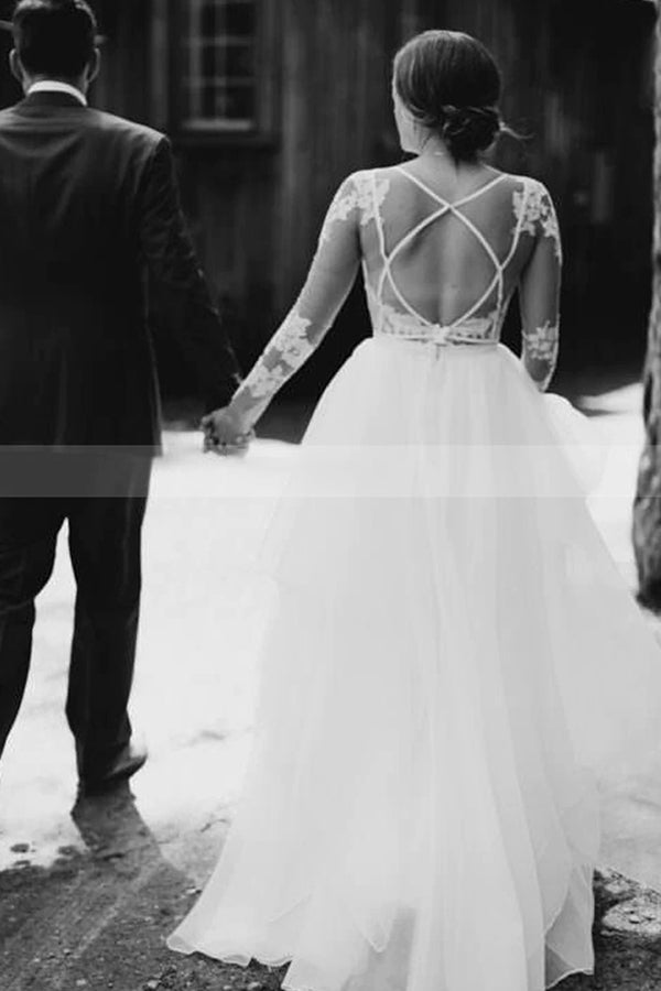 Transparentes bodenlanges Brautkleid aus Spitze mit langen Ärmeln und A-Linie aus Tüll