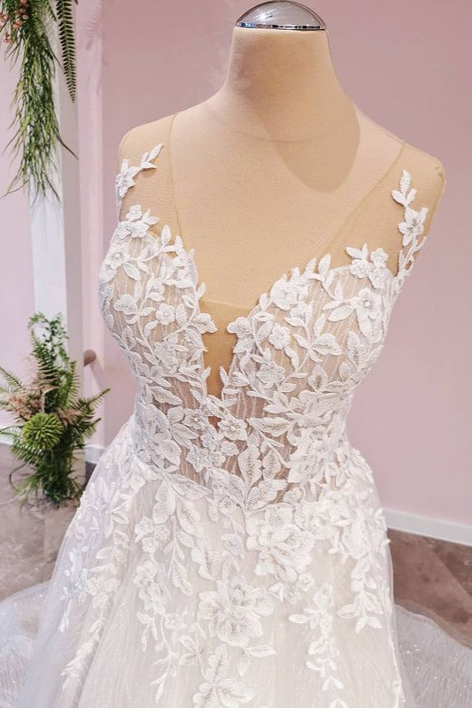 A-Linien-Brautkleid mit Applikationen, Spitze, Tüll, rückenfrei, bodenlang, Schatz
