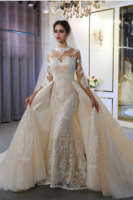 A-Linie, herzförmiges, bodenlanges Brautkleid mit langen Ärmeln und Spitzenapplikationen