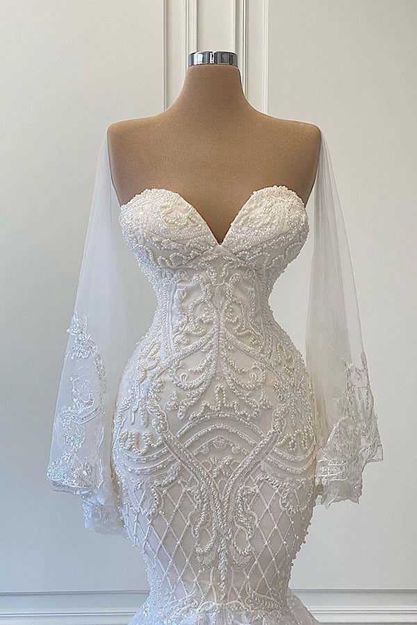 Schatz-trägerloses Spitzen-Meerjungfrau-Brautkleid mit Perlenbesatz