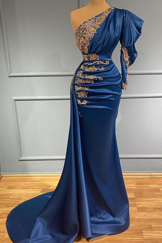 Königsblaues One-Shoulder-Abschlussballkleid im Meerjungfrau-Stil, lang