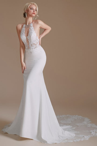 Bescheidenes langes, rückenfreies Satin-Brautkleid im Meerjungfrau-Stil mit Neckholder und Spitzenapplikationen