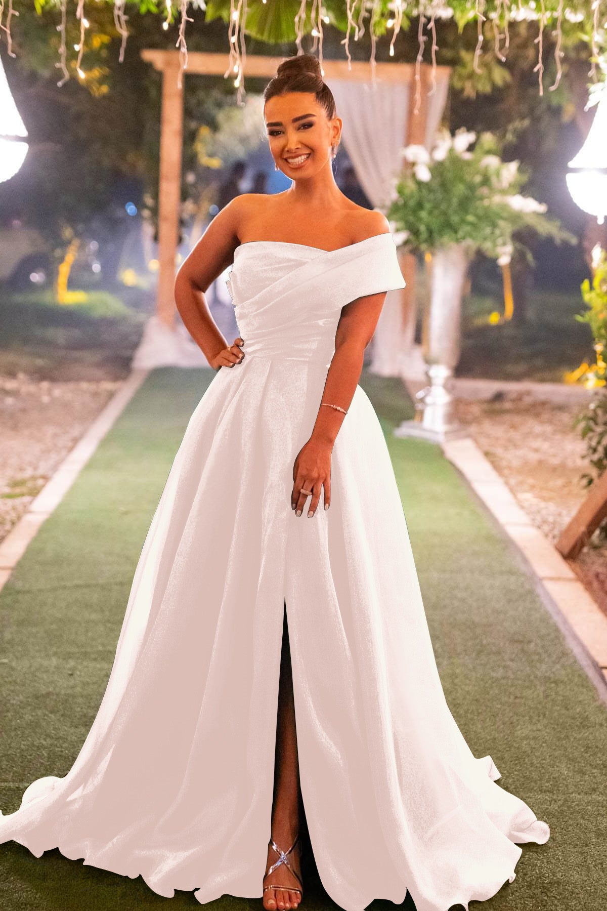 Dunkelgrünes trägerloses One-Shoulder-Meerjungfrauen-Abendkleid mit Schlitz vorne und Schleife