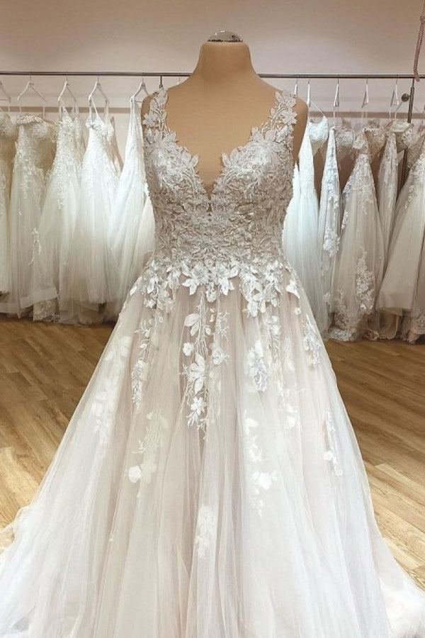 A-Linie Brautkleid mit V-Ausschnitt Spitze Hochzeitskleid