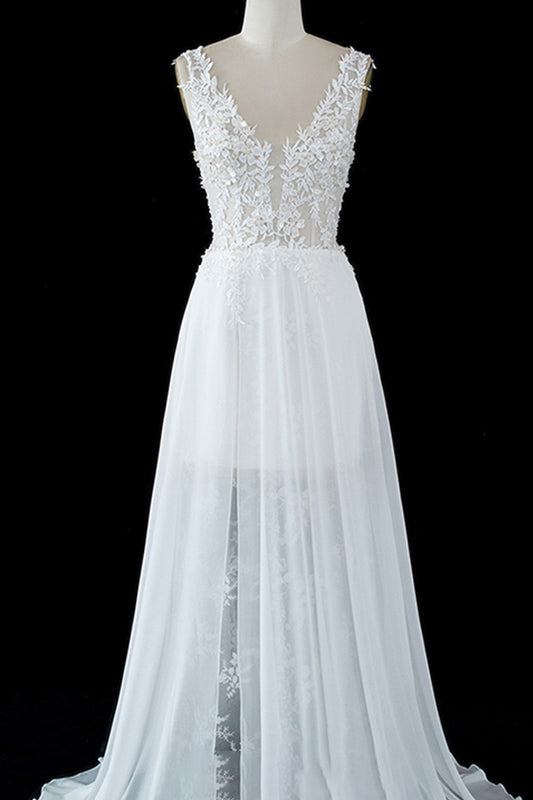 A-Linien-Brautkleid aus transparentem Tüll mit ärmellosen Trägern und Spitzenschlitz