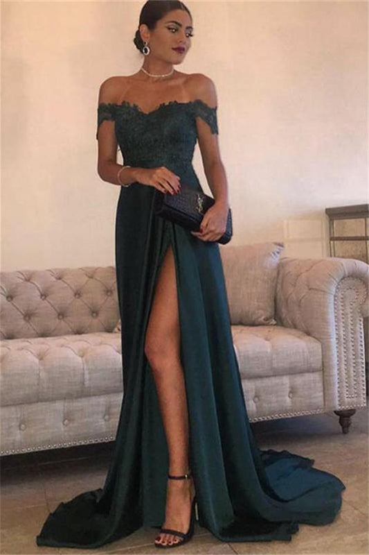Dunkelgrünes, schulterfreies Spitzen-Abschlussballkleid
