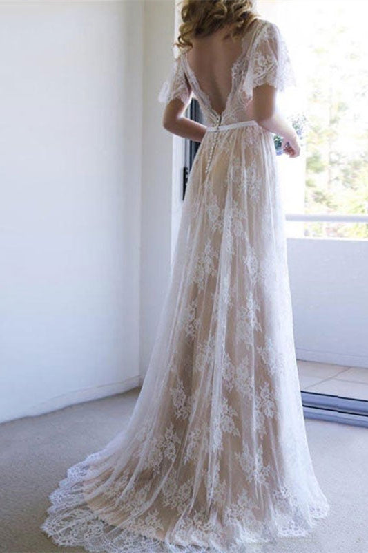 Kurzärmliges Spitzen-Boho-Hochzeitskleid