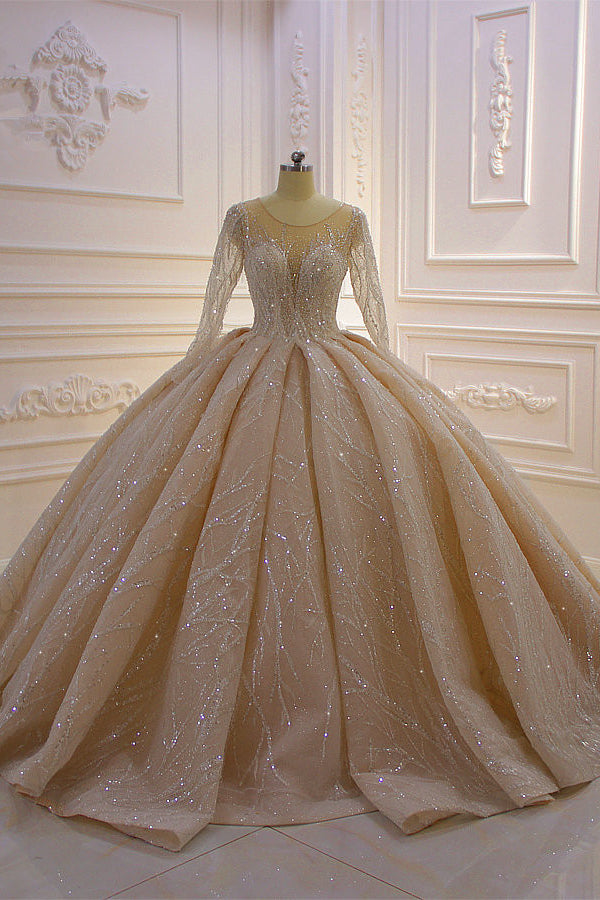 Bateau-Brautkleid mit langen Ärmeln, bodenlangem Ballkleid und Rüschen