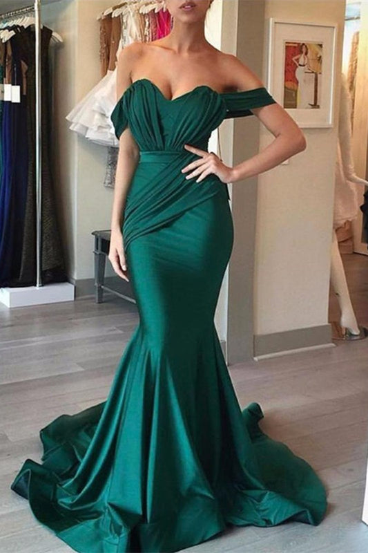 Dunkelgrünes Meerjungfrau-Abendkleid, schulterfrei
