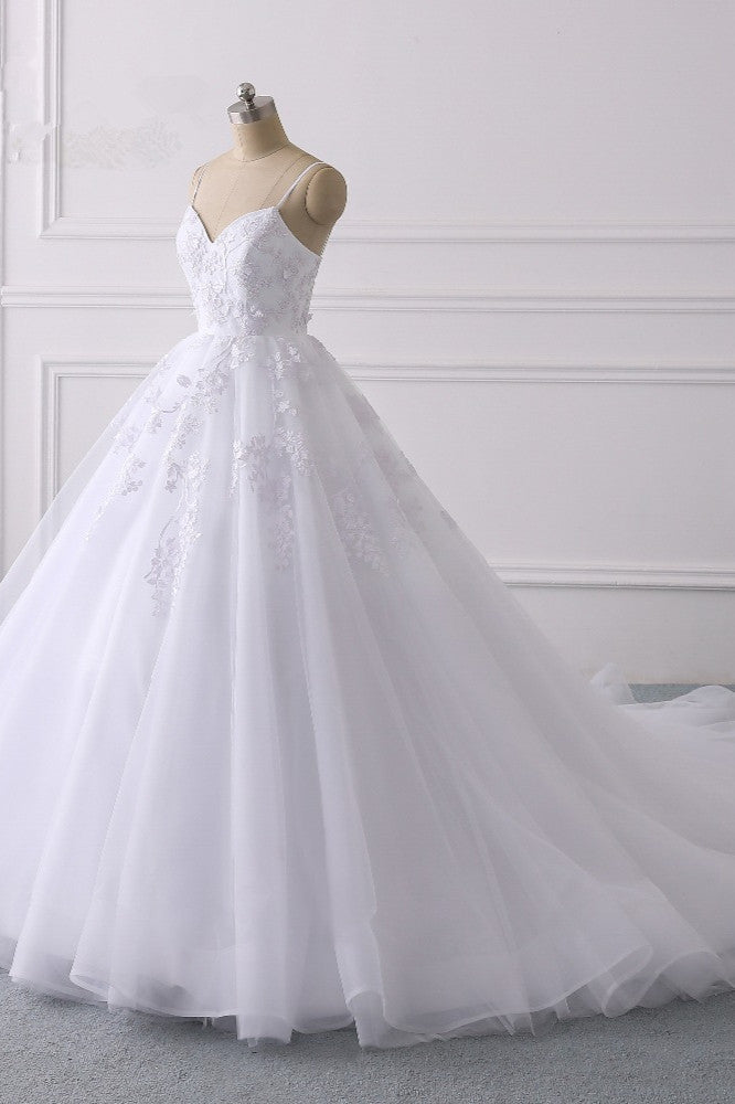 Brautkleid aus Tüll mit Spaghettiträgern, V-Ausschnitt und Spitzenapplikationen