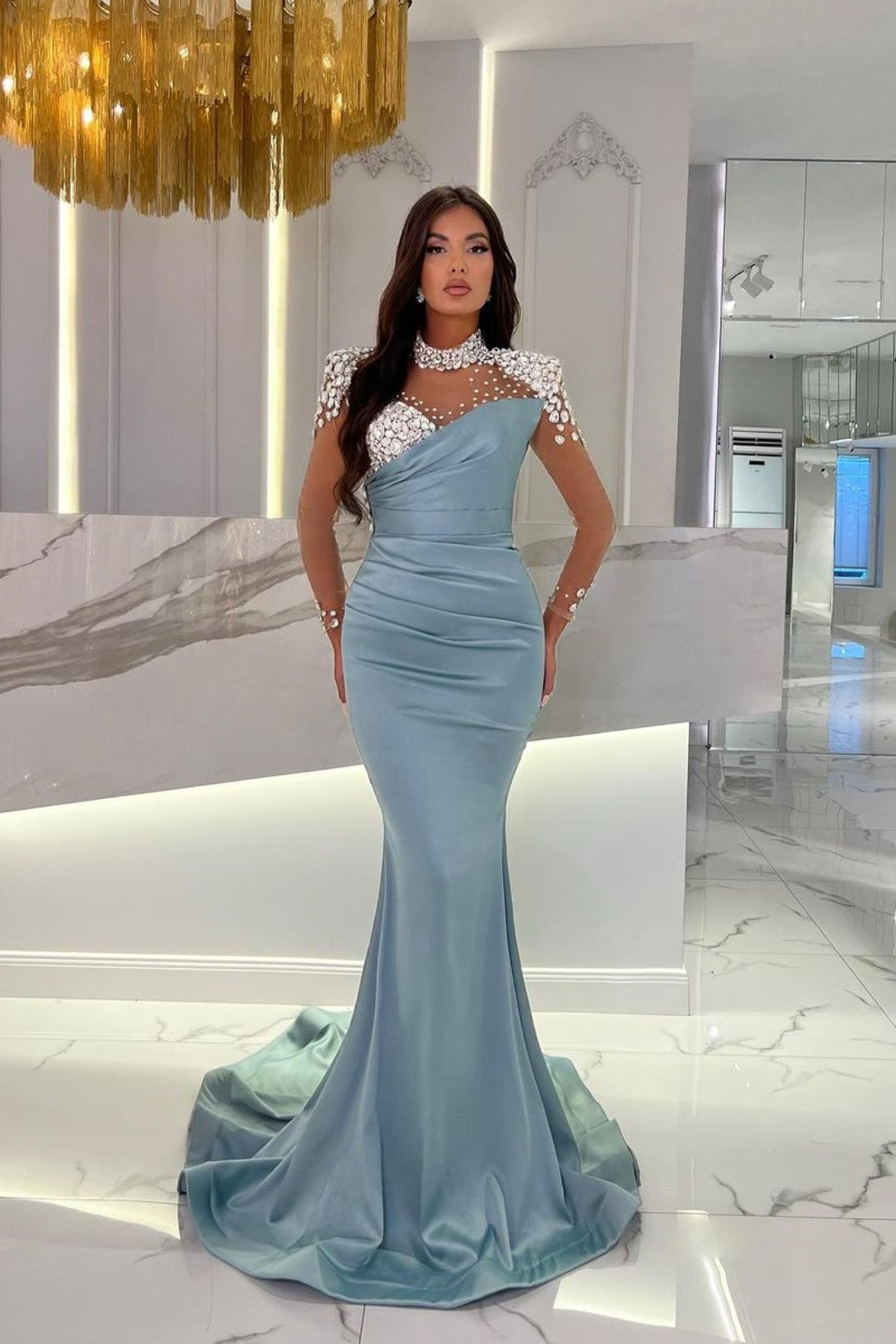 Charmeuse Staubblaues Ballkleid, langes Meerjungfrau-Tüll mit Perlen