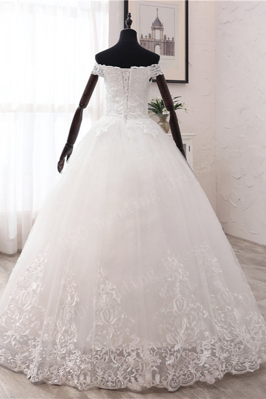 Ballkleid, schulterfreies, langes Brautkleid aus Tüll mit Spitzenapplikationen