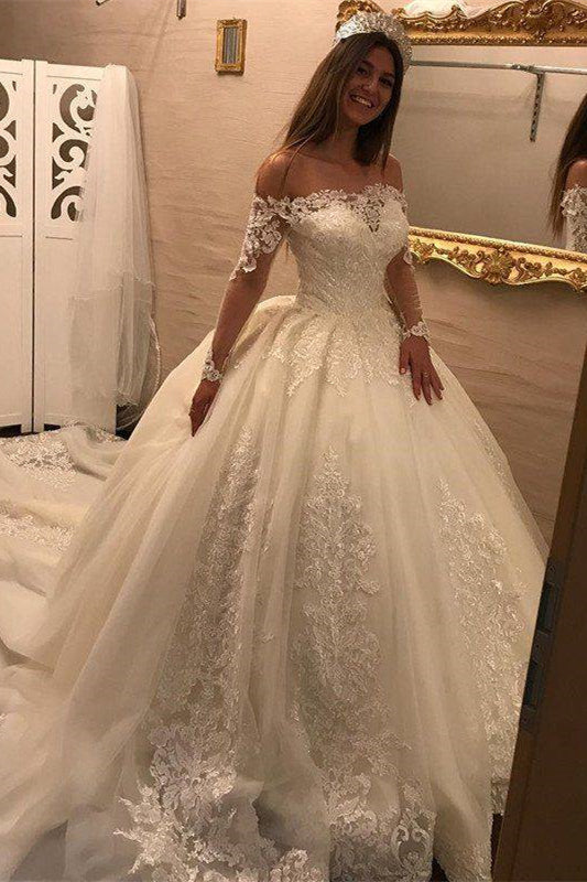 Schulterfreies Ballkleid-Brautkleid mit langen Ärmeln und Spitzenapplikationen