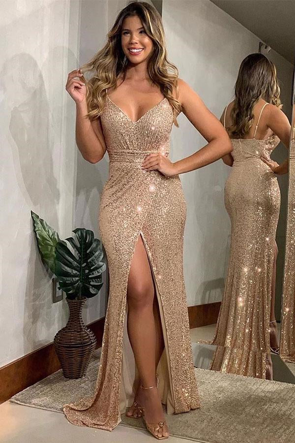 Abendkleid mit Spaghettiträgern, Pailletten und Schlitz