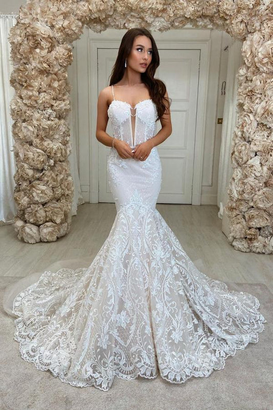 Langes Brautkleid im Meerjungfrau-Stil, herzförmige Spaghettiträger mit Spitze und rückenfrei