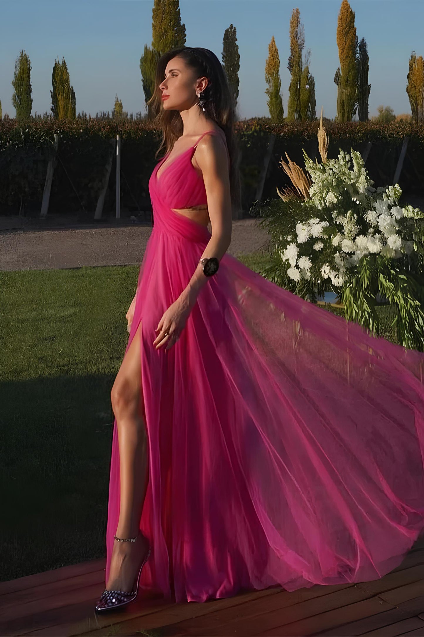 Fuchsia Abendkleider Tüll Abiballkleid Lang online