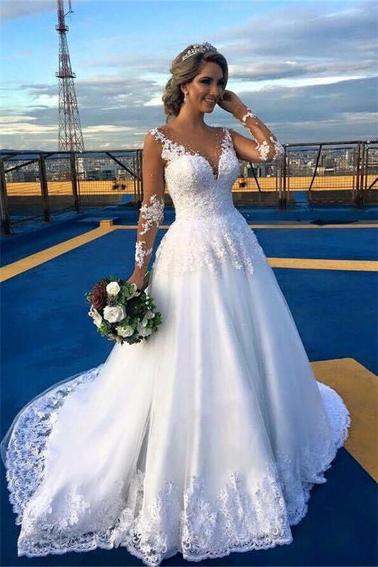 Brautkleid mit V-Ausschnitt und langen Ärmeln in A-Linie mit Spitze