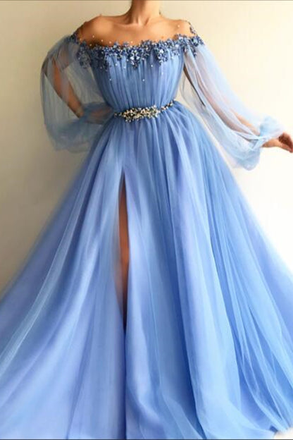 Schulterfreies Abendkleid mit langen Ärmeln und Perlen