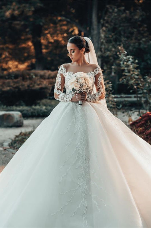 Schulterfreies Ballkleid-Hochzeitskleid mit Spitze