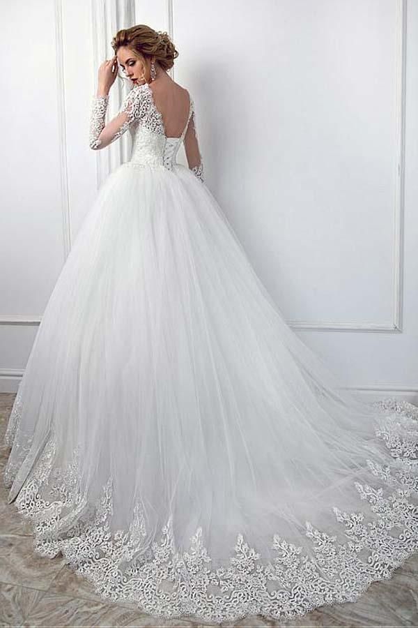 Langärmliges Ballkleid-Hochzeitskleid mit Schmucksteinen, Tüll und Spitze