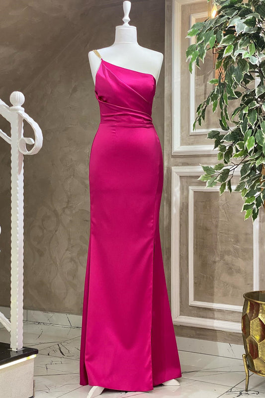 Fuchsia One-Shoulder-Meerjungfrau-Abendkleid in Bodenlänge mit Falten