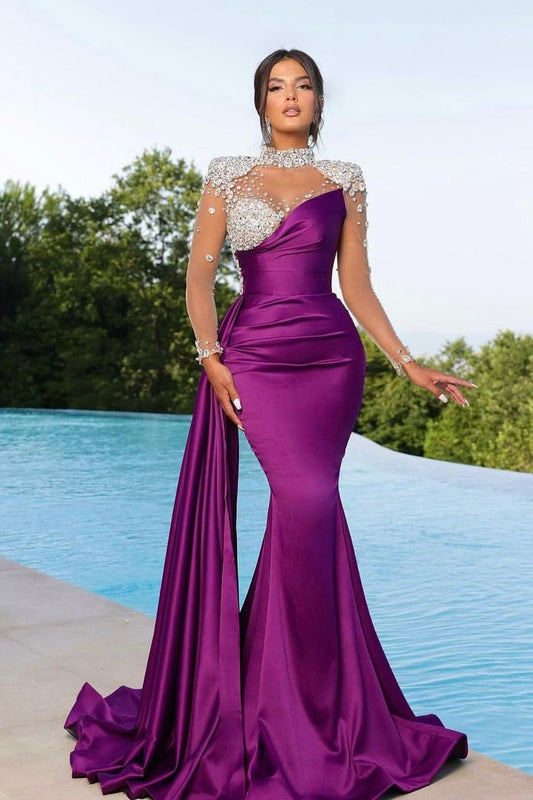 Lila Abendkleid im Meerjungfrau-Stil, lang, aus Satin mit Schleppe, langen Ärmeln