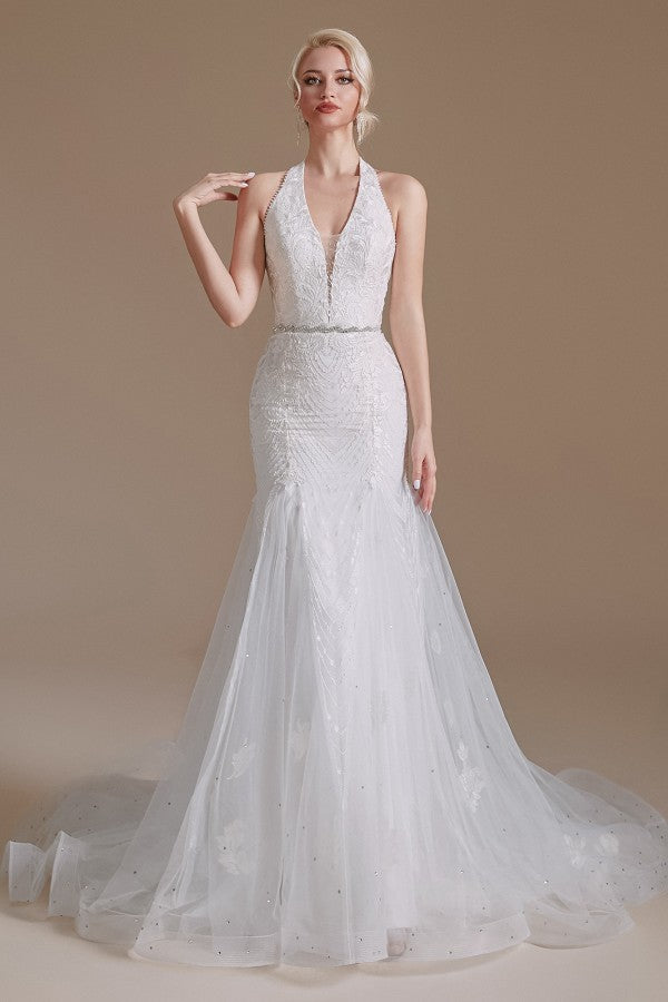 Elegantes, langes, bodenlanges Brautkleid aus Tüll mit Neckholder und Applikationen aus Spitze im Meerjungfrau-Stil