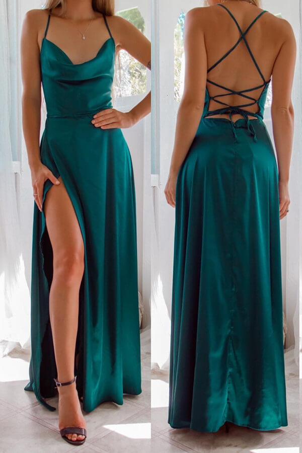 Dunkelgrünes trägerloses Abendkleid mit Spaghettiträgern vorne und Schlitz online
