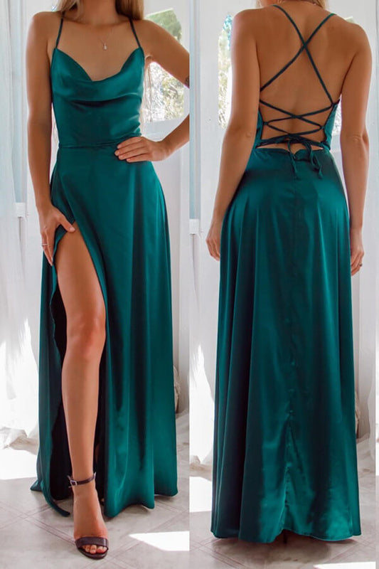 Dunkelgrünes trägerloses Abendkleid mit Spaghettiträgern vorne und Schlitz online