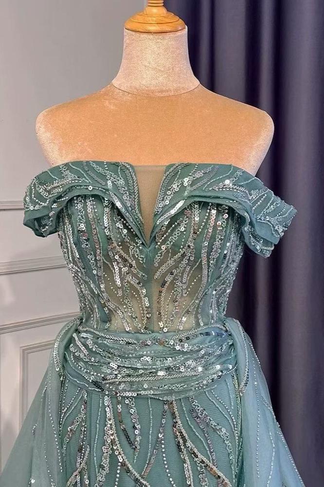Atemberaubende himmelblaue Abendkleider mit Schlitz, schulterfrei, rückenfrei, langes Partykleid in A-Linie