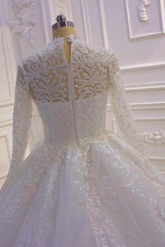 Ballkleid-Hochzeitskleid mit Stehkragen und langen Ärmeln, Rüschen und Spitzenapplikationen