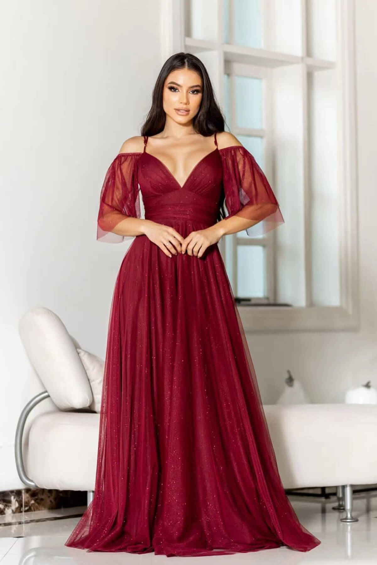 Boho-Tüll-Abschlussballkleid mit Spaghettiträgern in A-Linie